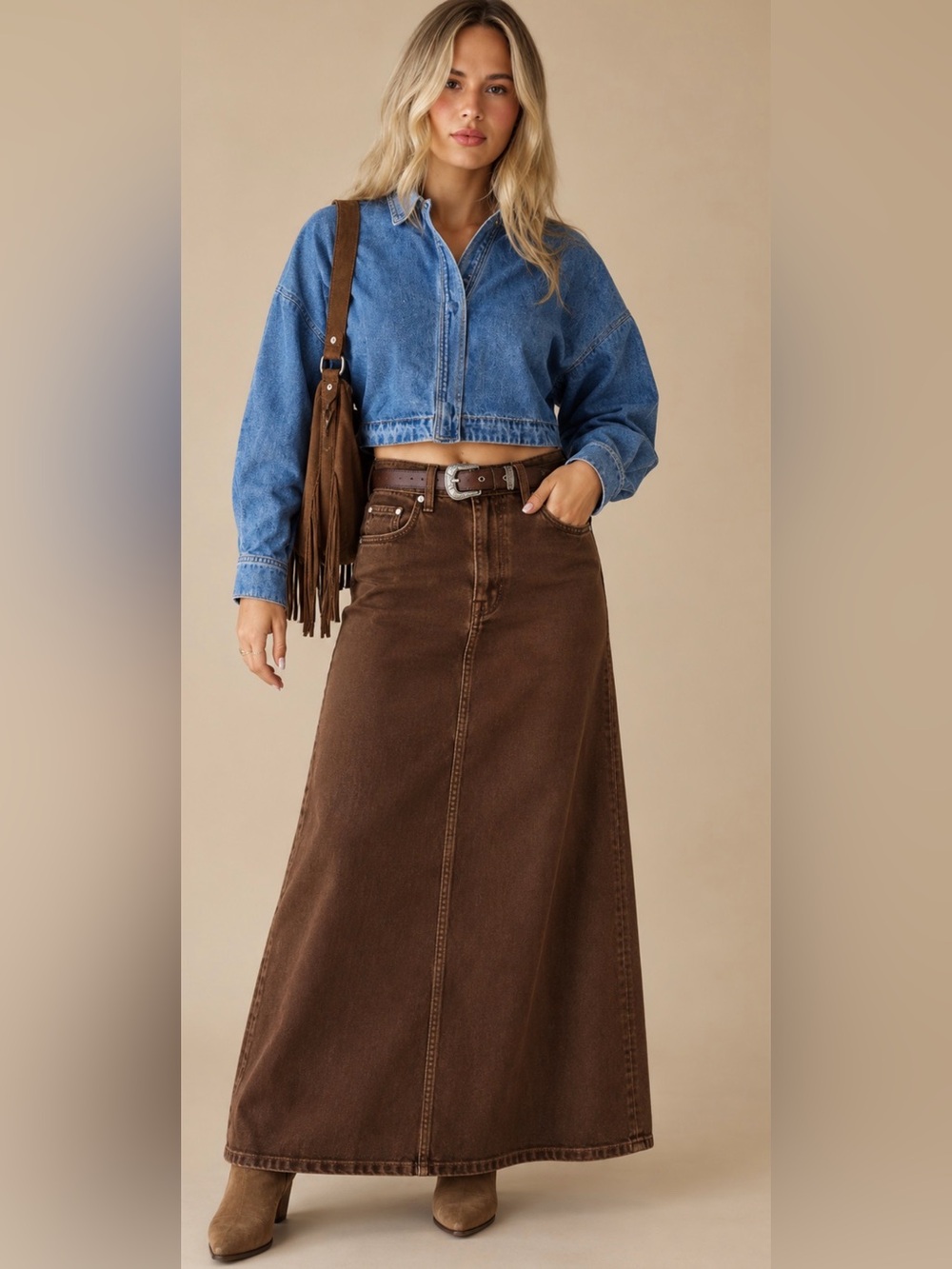 Zara Chocolate Brown Denim Maxi Skirt